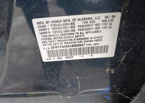 2010 Honda Pilot Touring from USA, damaged, VIN 5FNYF4H9XAB003647